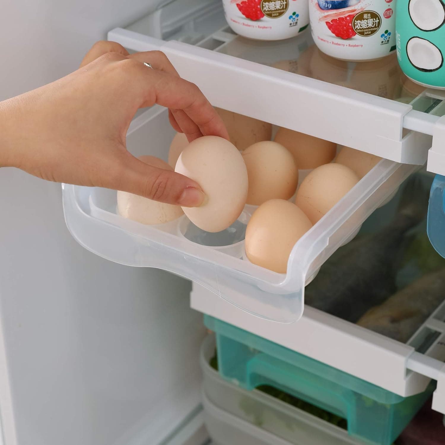 YekouMax Eggs Organizer, Refrigerator Egg Drawer Box, Fridge Eggs Storage Container, Pull Out with Handle, Refrigerator Shelf Egg Tray Holder (1 PACK, Store 15 Eggs)