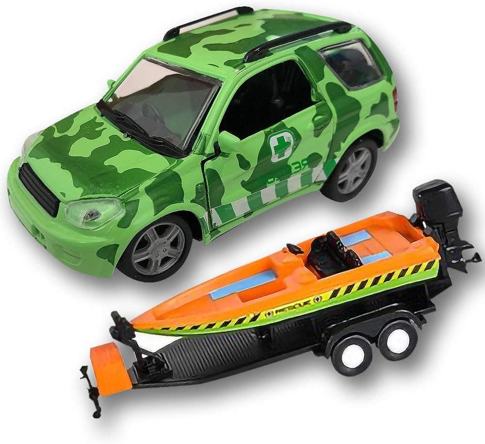 ArtCreativity SUV Toy Car with Trailer and Speedboat Playset for Kids, Interactive Jungle Play Set with Detachable Speed Boat and Opening Doors on 4 x 4 Toy Truck, Best Birthday Gift for Boys & Girls