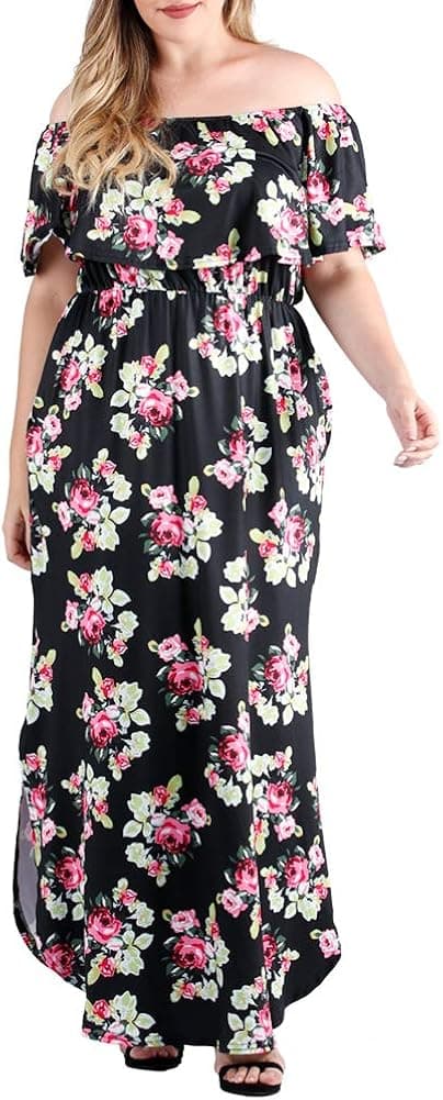 Women's Plus Size Off Shoulder Ruffle Party Dress Casual Floral Print Side Split Beach Long Maxi Dresses with Pockets Flower Black 3XL
