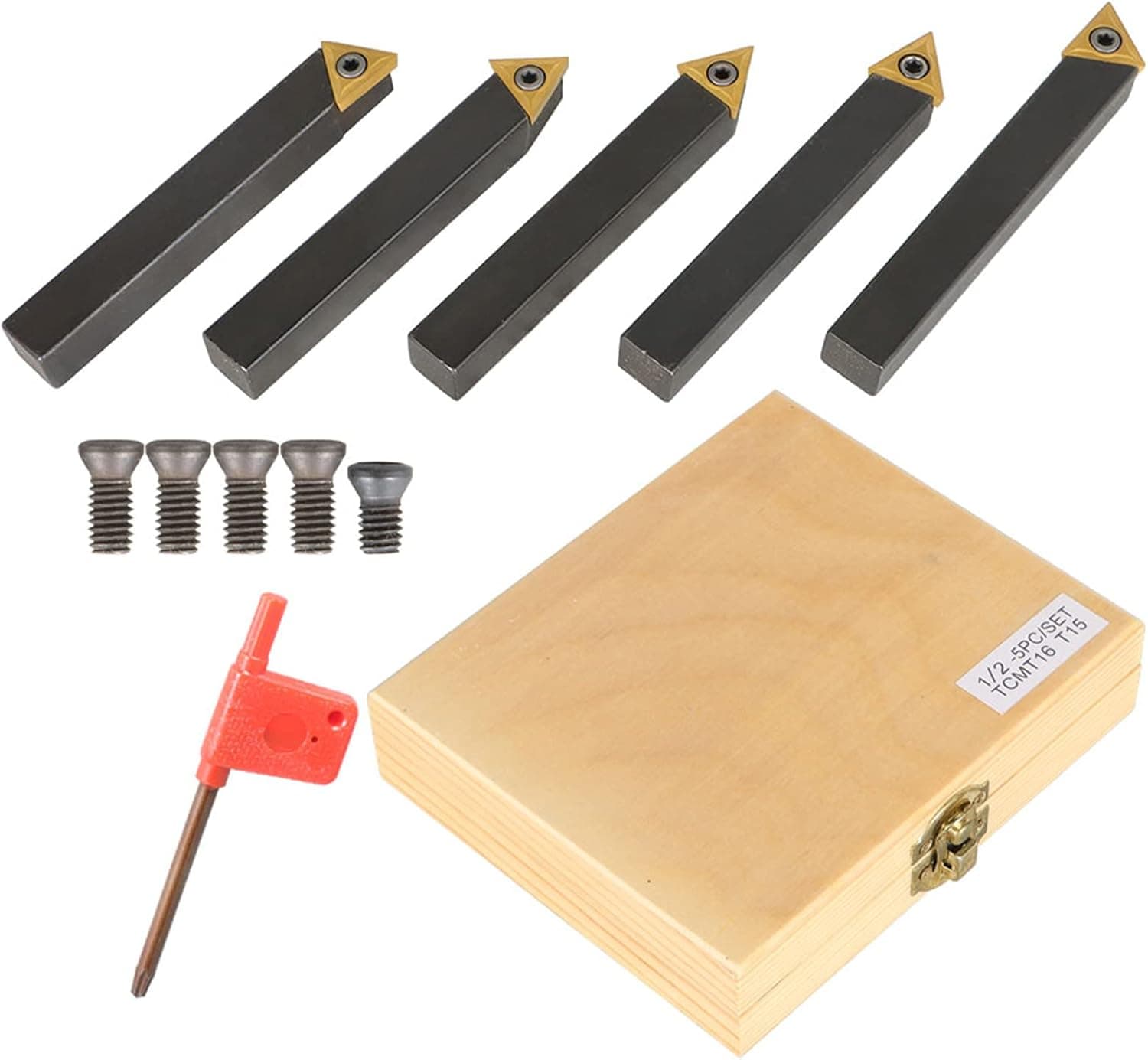 findmall 5Pcs 1/2 Inch Indexable Carbide Lathe Turning Tool Holder Metal Lathe Tools Inserts Bits with TCMT16T304 Carbide Inserts