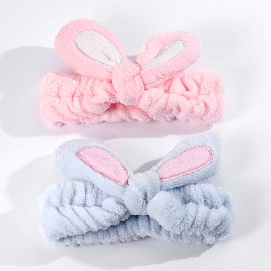 Aceorna Rabbit Ears Spa Headbands Cute Adjustable Hair Bands Head Wraps Elastic Turban Hairlace Hairbands Soft Fabric Headband for Washing Face Shower Spa Mask Facial Makeup Pack of 2 (Blue+Pink)