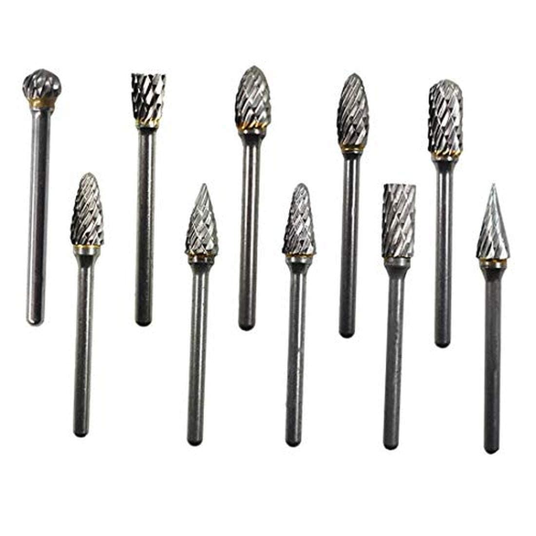 WFLNHB 10Pcs 1/8" Carbide Alloy Burr Rotary Drill Bits Tools Cutter Files Set Shank for Most Carving and Drilling Rotary Drill Die Grinder