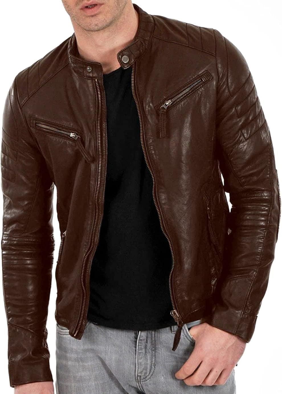 Excelled Men's Black & BROWN Genuine Lambskin Leather Biker Jacket Vintage Real Motorcycle Jackets For Men