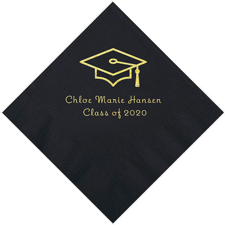 Black Grad Mortarboard Personalized Napkins with Gold Foil – Beverage - Party Supplies - 50 Pieces