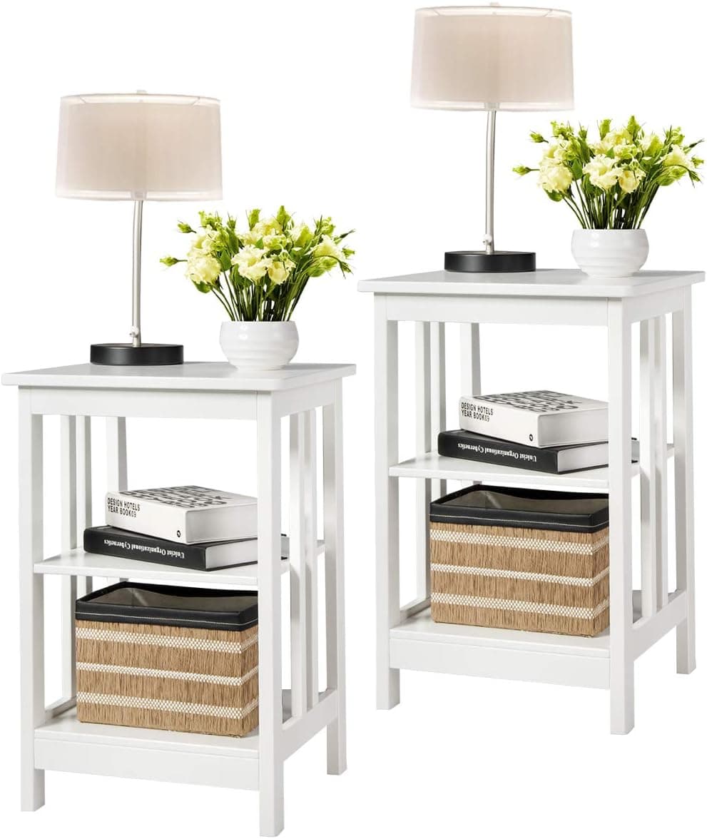 Giantex 3-Tier Side Table End Table, Concise Nightstand Sofa Side Table with Baffles and Round Corners, Multipurpose Furniture with Solid Density Board for Bedroom Study Room (2, White)