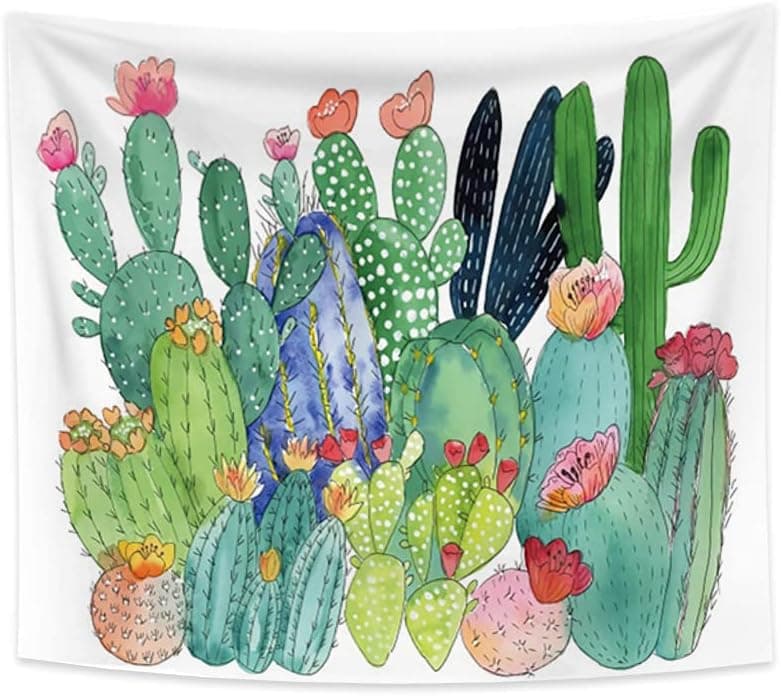Yeele Cactus Tapestry Tropical Desert Saguaro Watercolor Cactus Plants Landscape with Flowers Wall Hanging Polyester Fabric White Art Blanket for Living Room Bedroom Home Decor 33.8x27.5inches