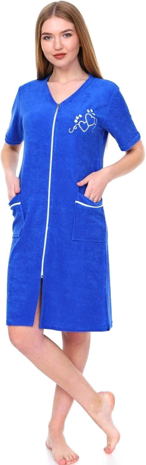 Women's Terry Cotton Zipper Front Short Sleeve Two Pocket Robe Sleepwear Beach Dress