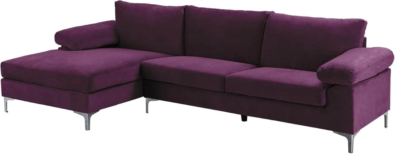 Casa Andrea Milano LLC Modern Large Velvet Fabric Sectional Sofa, L-Shape Couch with Extra Wide Chaise Lounge, Plum