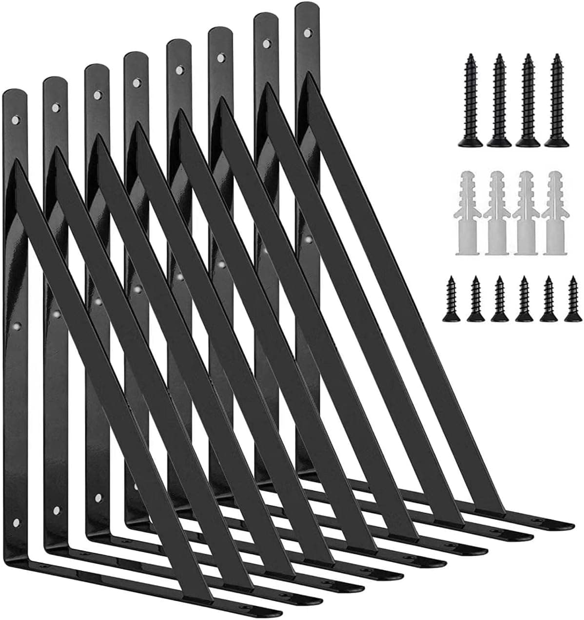 Kersally 12 Inch Heavy Duty Shelf Brackets, 8 Pack 90 Degree Triangle L Brackets for Shelves, Metal Large Wall Mount Angle L Supports with Screws for Garage ,Storage and Closet (Black)