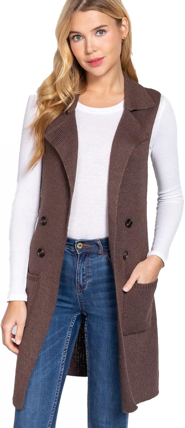 Women's Casual Sleeveless Open Front Long Cardigan Sweater Vest with Side Pockets