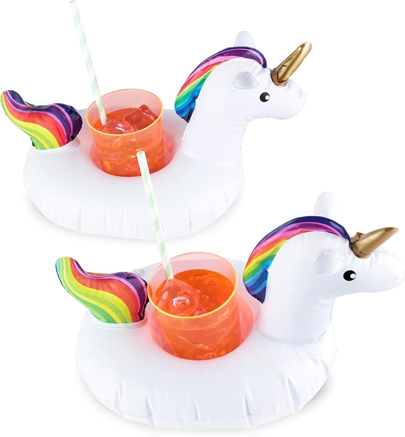 TrueZoo Unicorn Drink Floaties for Standard Cups and Cans, Pool Party or Beach Inflatables for Cocktails, Wine, or Beer, Multicolor, Set of 2
