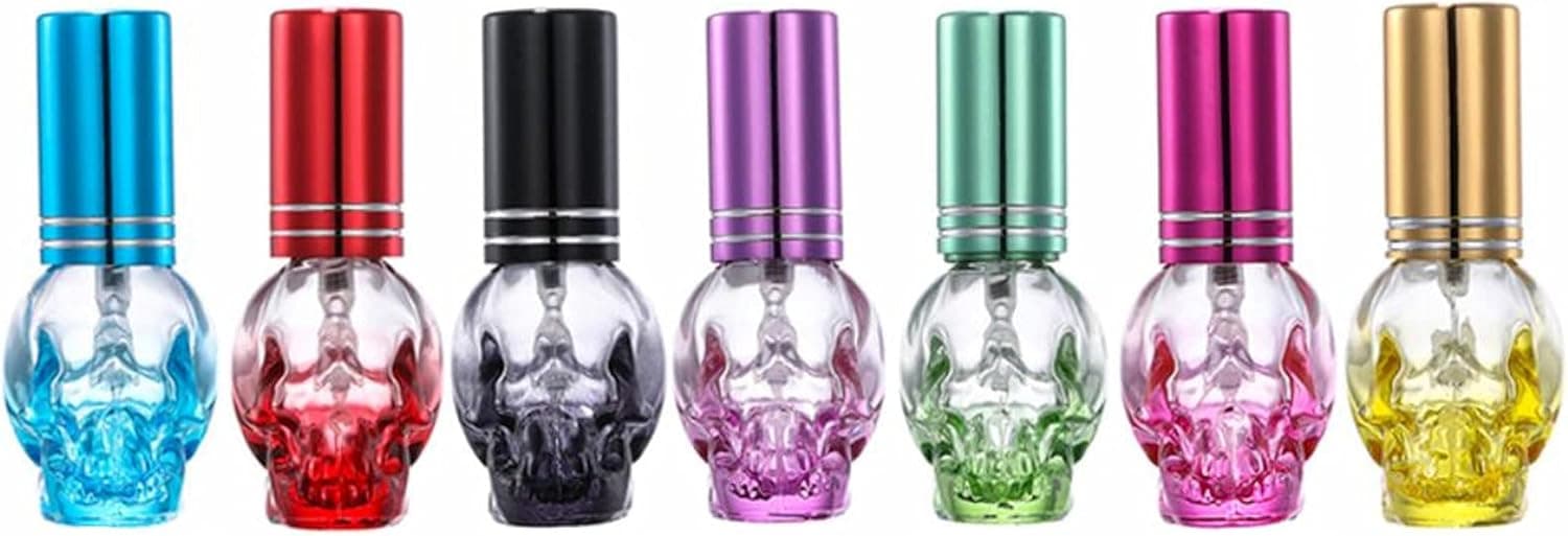 8ml 0.28 oz. Skull Perfume Bottles Small Empty Spray Perfume Bottles Refillable Perfume Bottles Glass Empty Spray Bottle Skull Shaped Refillable Perfume Atomizer Vials for Halloween Travel Party Makeup,7 Color