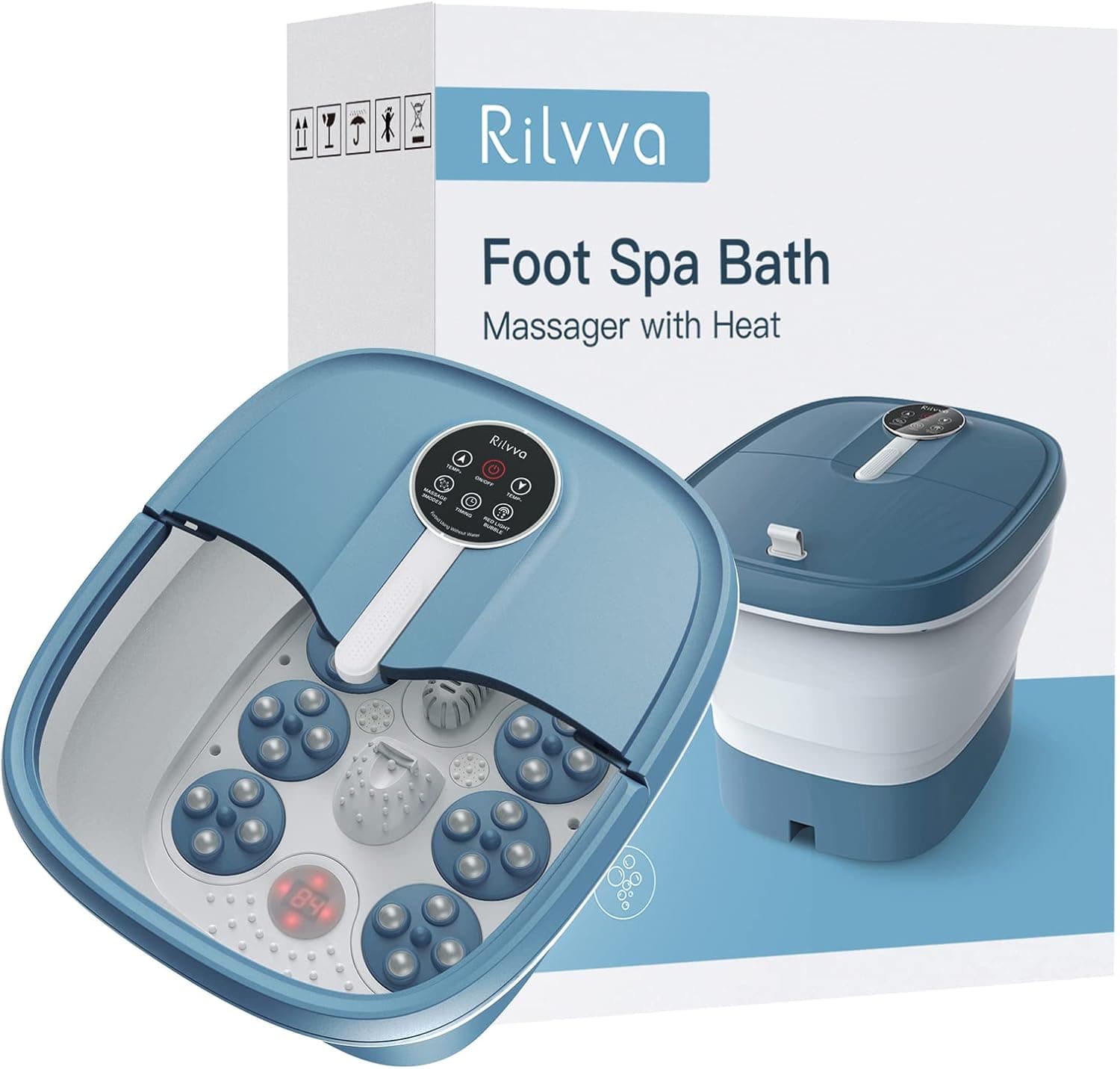 Rilvva Motorized Foot Spa with Heat, Bubbles and Massage, Collapsible Foot Bath Massager Includes Remote Control, Pedicure Foot Soak Tub for Stress Relief, Pedicure Foot Spa