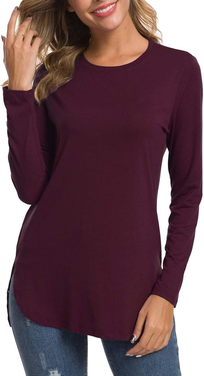 Herou Women's Casual Long Sleeve T Shirt Crewneck With Side Split Fall Pullover Loose Tunic Sweater Tops