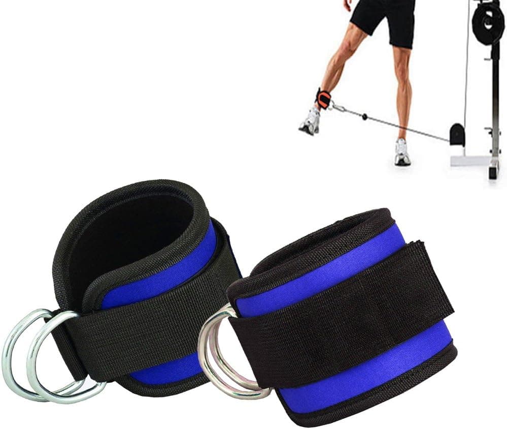 HemeraPhit Double D-Ring Ankle Cuff Straps Adjustable Leg Weight Wrist Belt for Cable Machine Attachment, 1Pair (Blue)