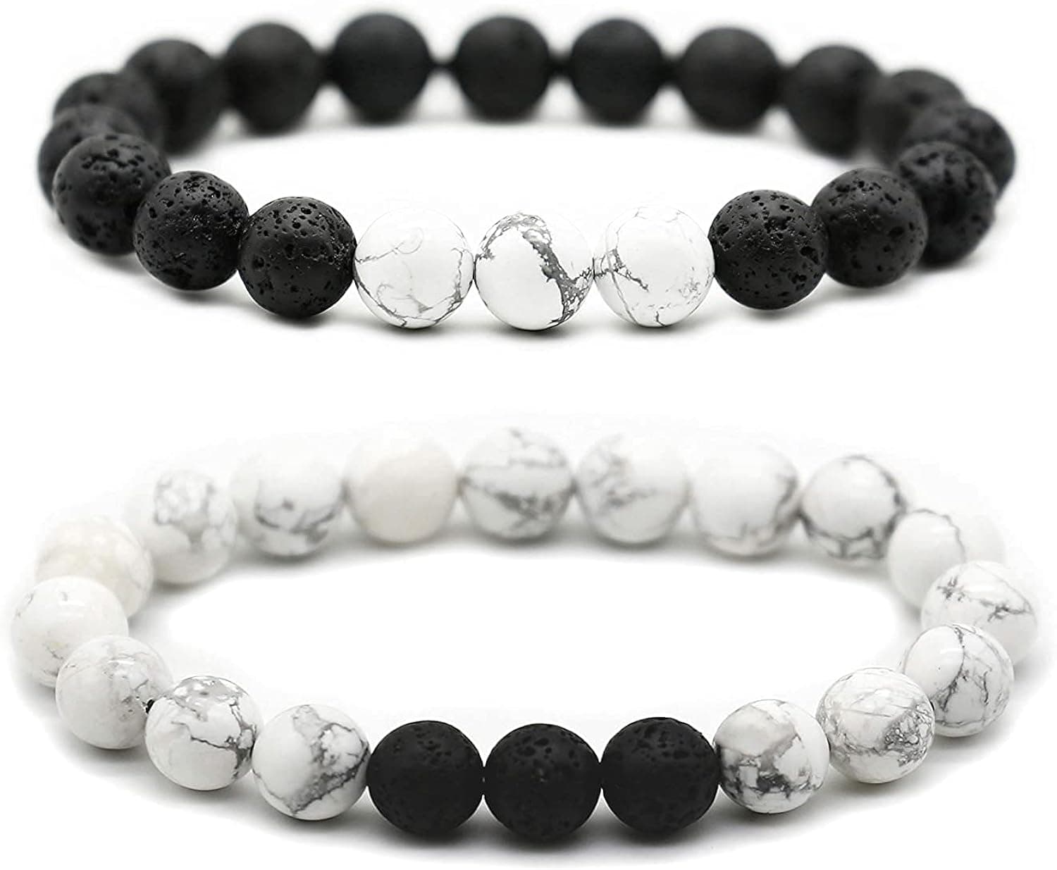 HEDQFM 2pcs 10mm Howlite bracelet Lava Bead Bracelets Natural Volcanic Rock Aromatherapy Essential oil Diffuser Bracelet White Turquoise Yoga Bangle Couples Men Women Gift