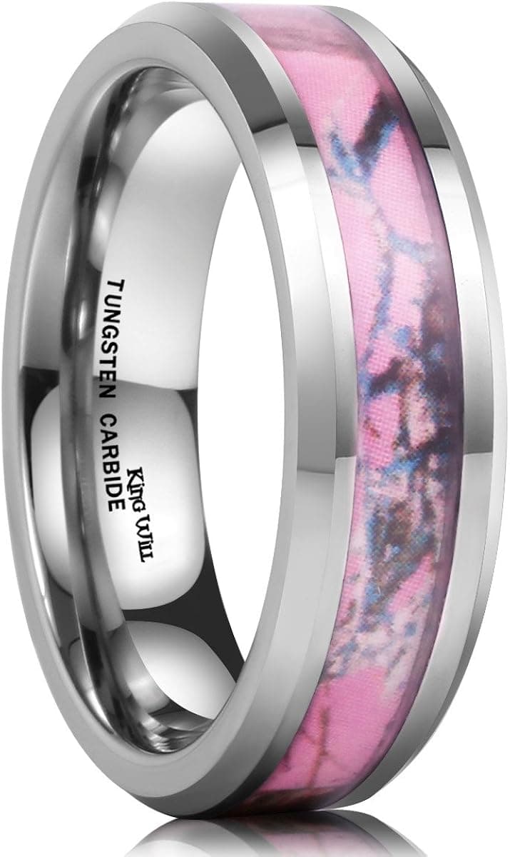 King Will Women's 6mm Tungsten Carbide Ring Pink Camo Hunting Camouflage Wedding Band (6.5)
