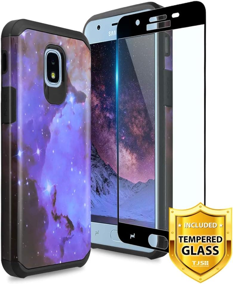 TJS Galaxy J7 2018/J7 Refine/J7 Star/J7 Eon/J7 TOP/J7 Aero/J7 Crown/J7 Aura/J7 V 2nd Gen Case [Full Coverage Tempered Glass Screen Protector] Dual Layer Hybrid Shockproof Phone Case Armor (Stardust)