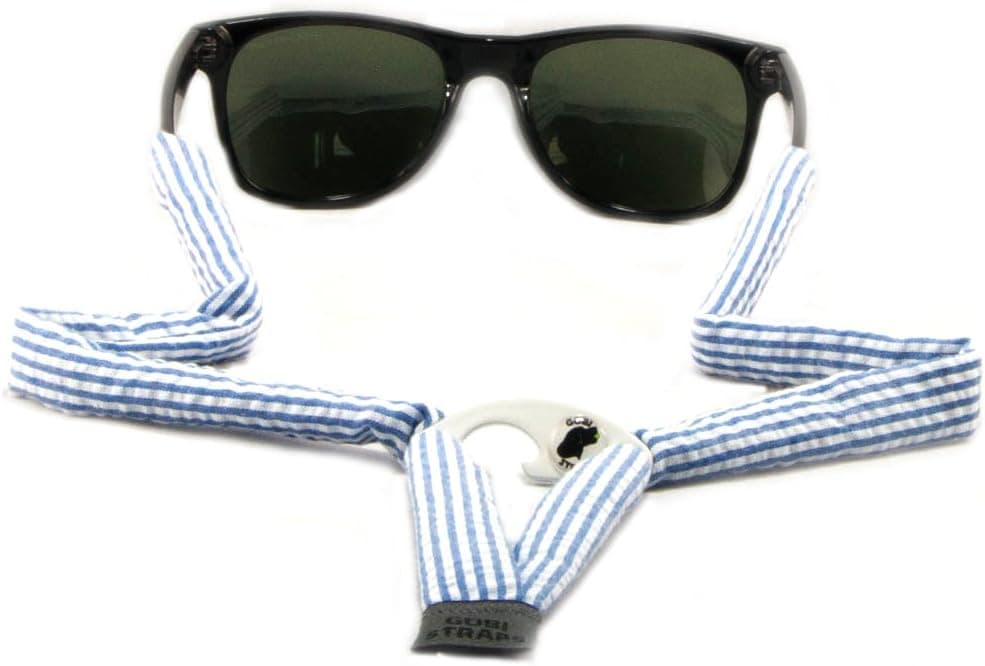 Blue Seersucker Sunglass Straps w/Built-in Bottle Opener (Sunglass Cords, Sunglass Strap, Sunglasses Strap, Sunglass Retainers, Neck Strap)