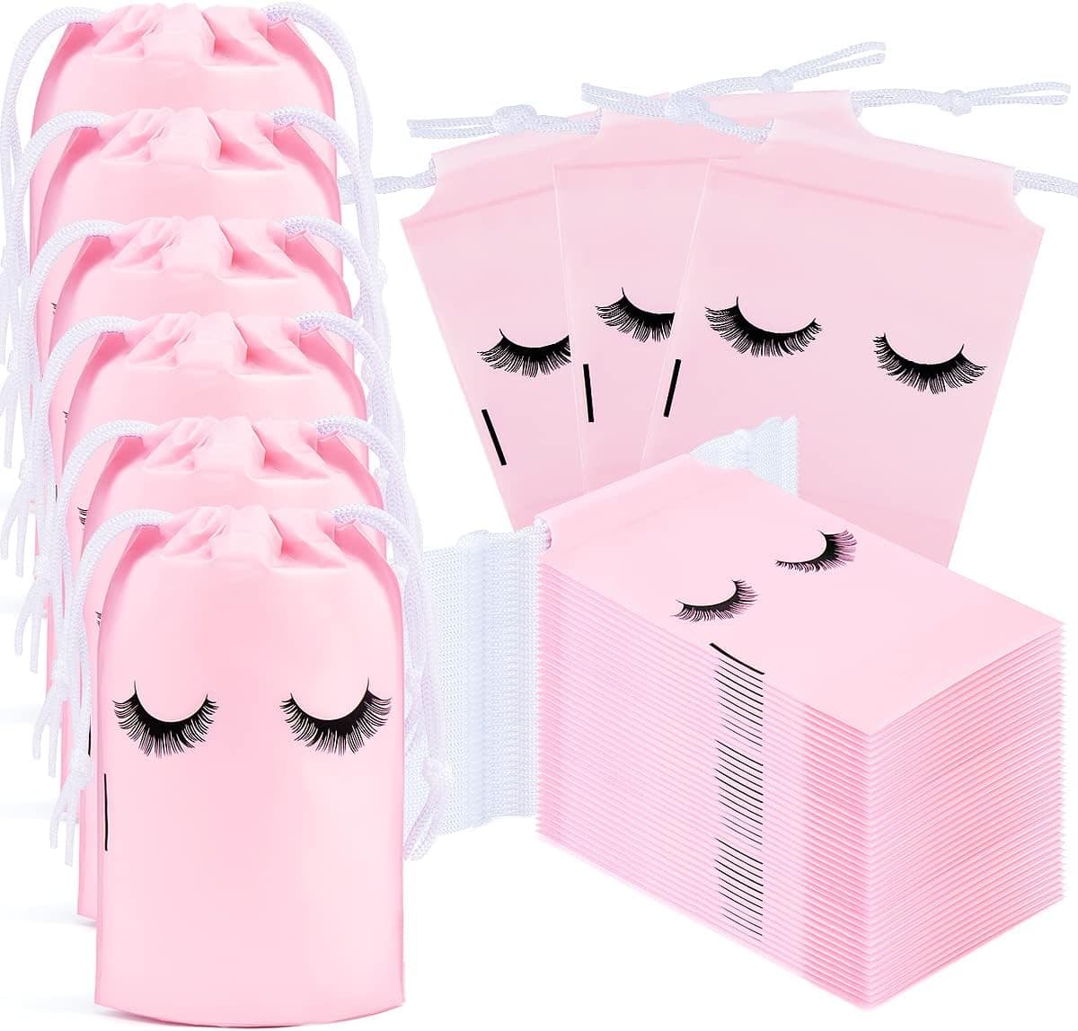 MAGEFY 50 Pieces Lash Bags, Eyelash Aftercare Bags with Drawstring Portable Eyelash Bags Gift Eyelash Packaging Bag for Lashes Business for Girls Women (Pink, 6 x 4 Inches)