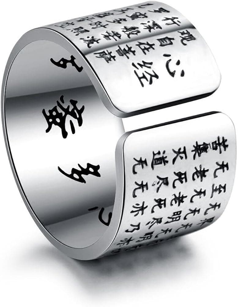 JAJAFOOK S925 Silver Buddhist Heart Sutra Engraved Domed Wedding Rings Band for Men Women,Openning Style
