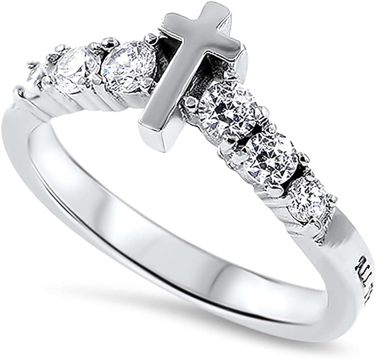 Gloria Cross Ring All Things Through Christ My Strength Stainless Steel Christian Bible Scripture Jewelry