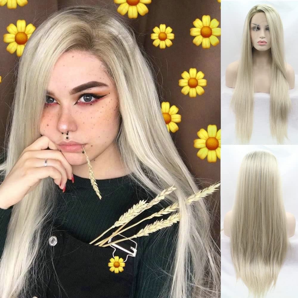 Short Roots Dark Brown Ombre Golden Blonde Wigs Long Straight Side Part Synthetic Lace Front Wigs for Women Heat Resistant Fiber for Women Replacement Natural Look Party&Cosplay&Daily Use Wigs Drag Queen Wig