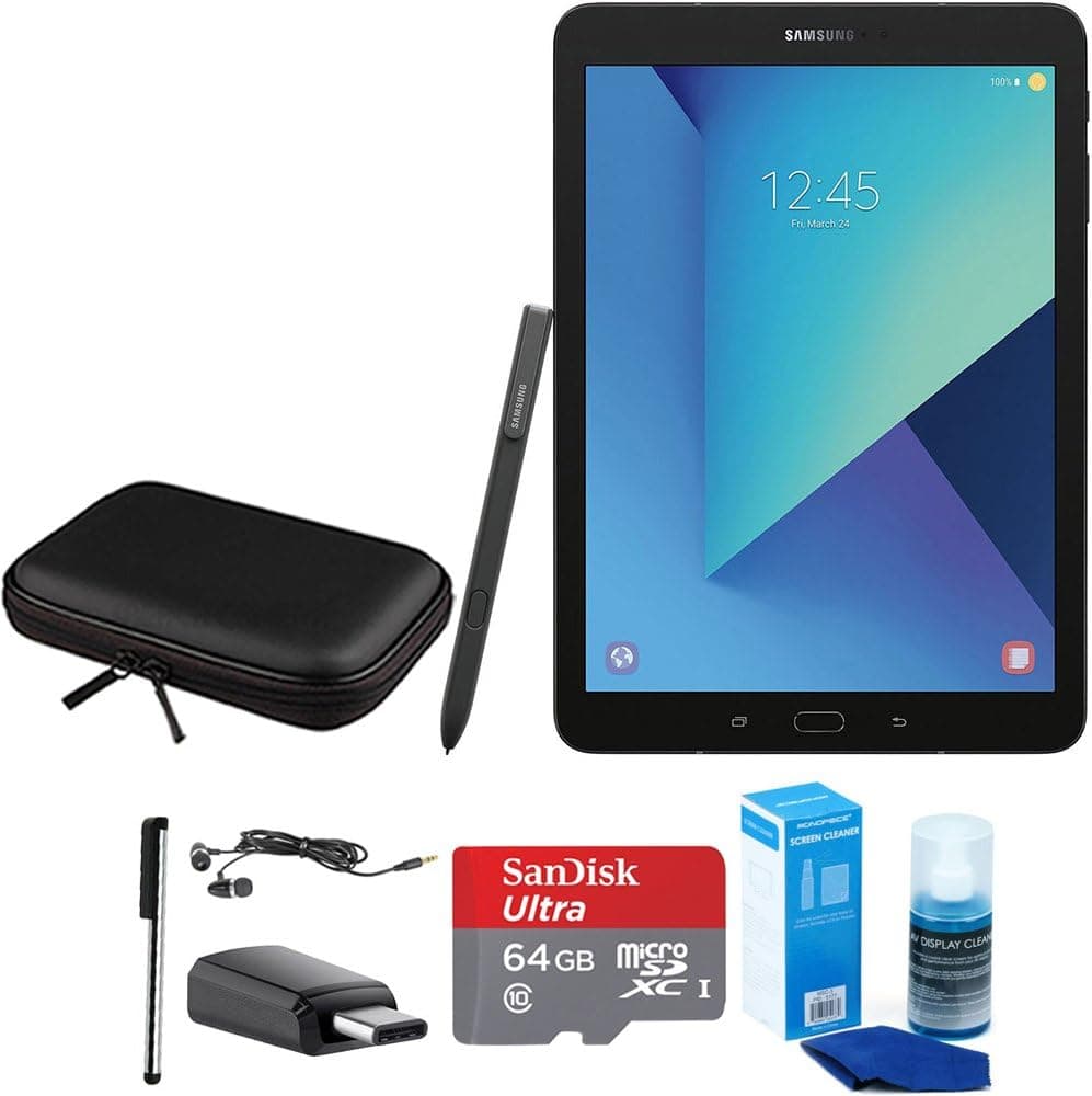 SAMSUNG SM-T820NZKAXAR Galaxy Tab S3 9.7 Inch Tablet with S Pen, Black Bundle with 64GB MicroSDXC Memory Card, Case for Tablets, Stylus, USB-C Adapter, Screen Cleaner and in-Ear Headphone