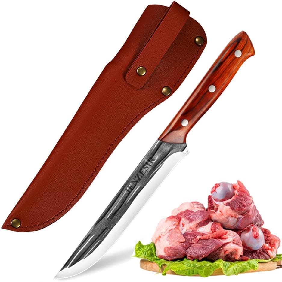 JENZESIR 7.3 inch Professional Boning knife,Handmade Forged Butcher Knife,5CR15Mov Stainless Steel Wooden Handle Utility Knife Fruit Knife Meat Cleaver Slicer for Home Kitchen & Restaurant Camping BBQ