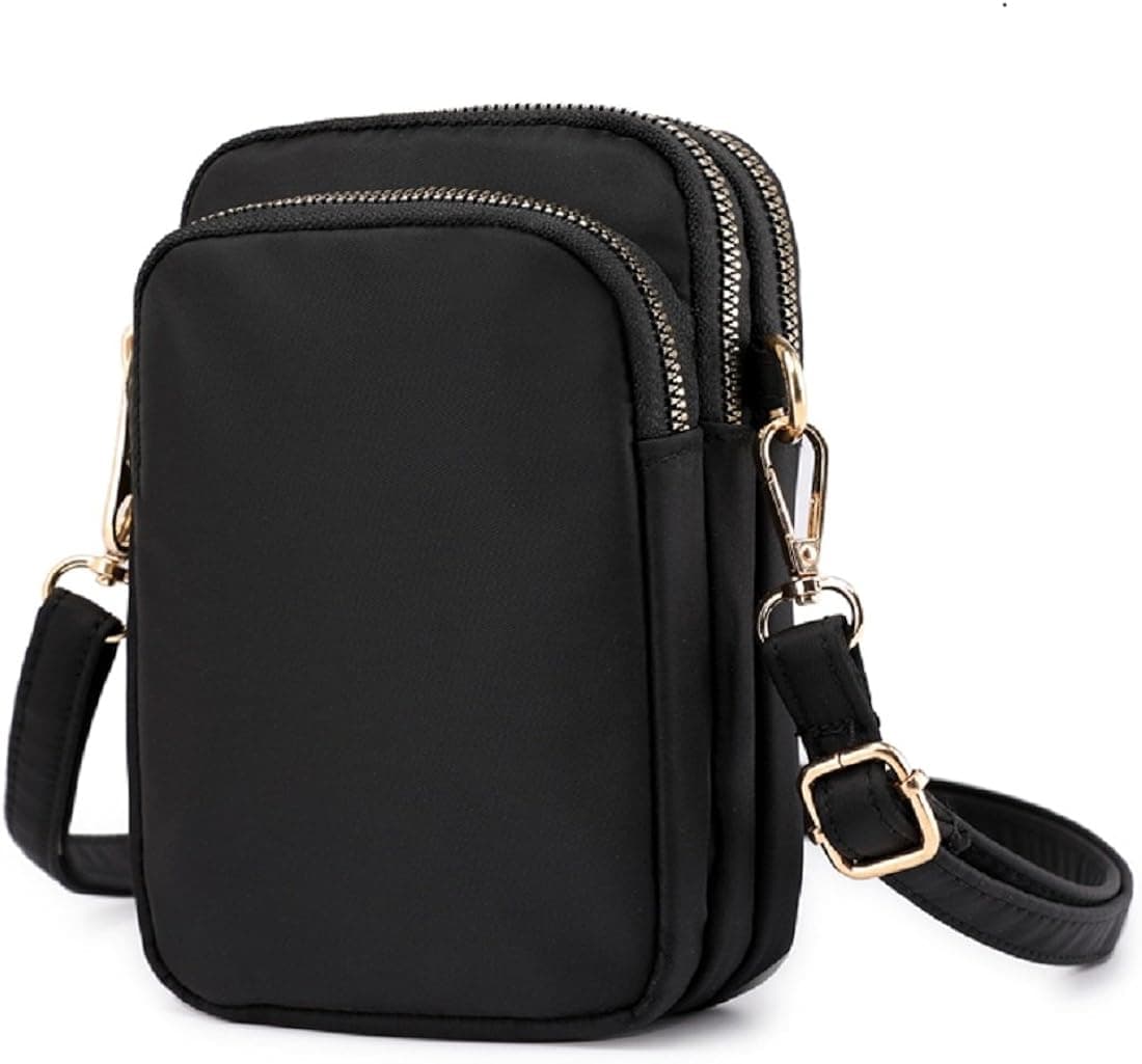 Cell Phone Purse Waterproof Nylon Small Crossbody Shoulder Bag Smartphone Holder Wallet For Women (Black)