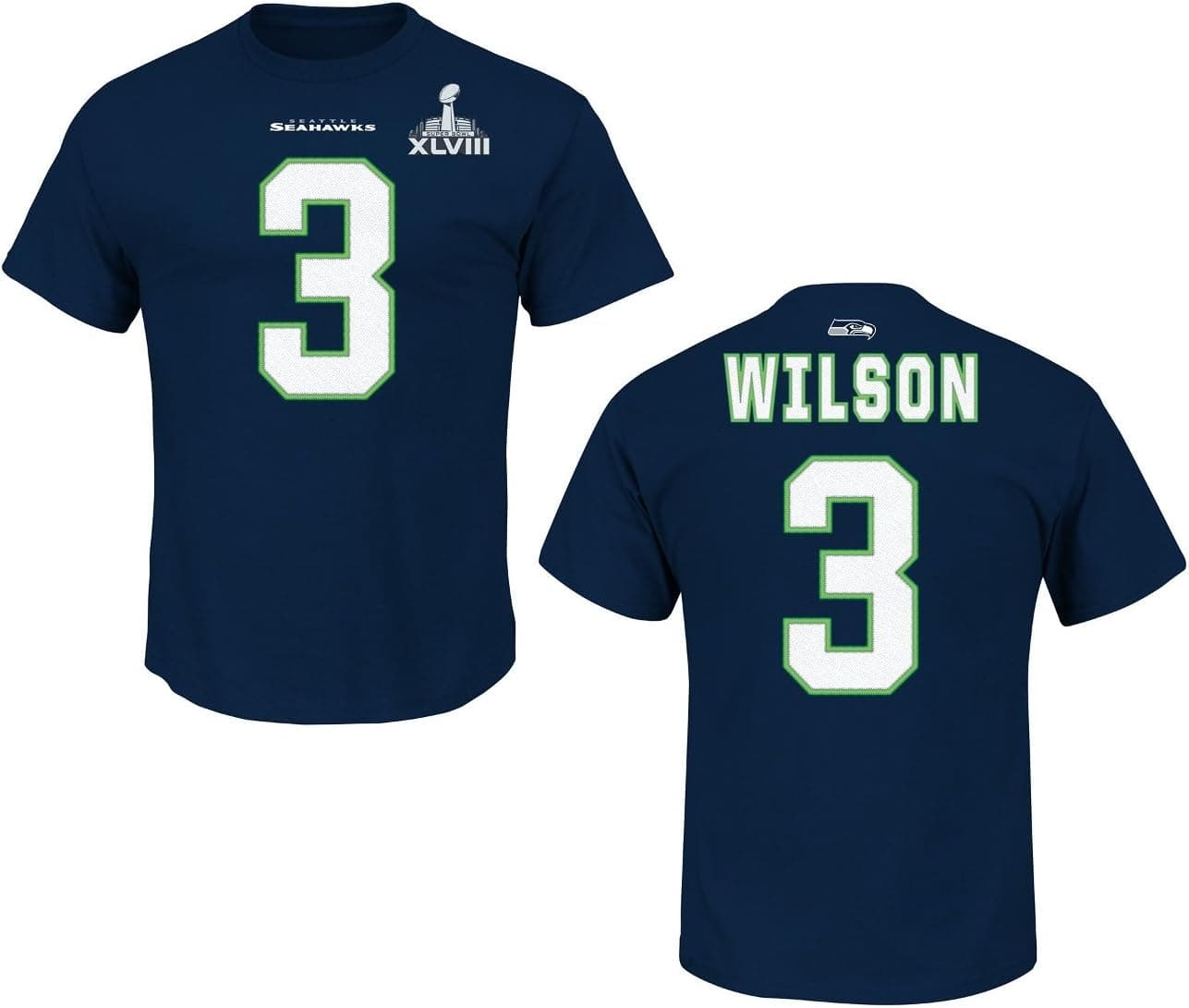Majestic Russell Wilson #3 Seattle Seahawks NFL Men's Super Bowl Eligible Receiver Player T-shirt (Large)