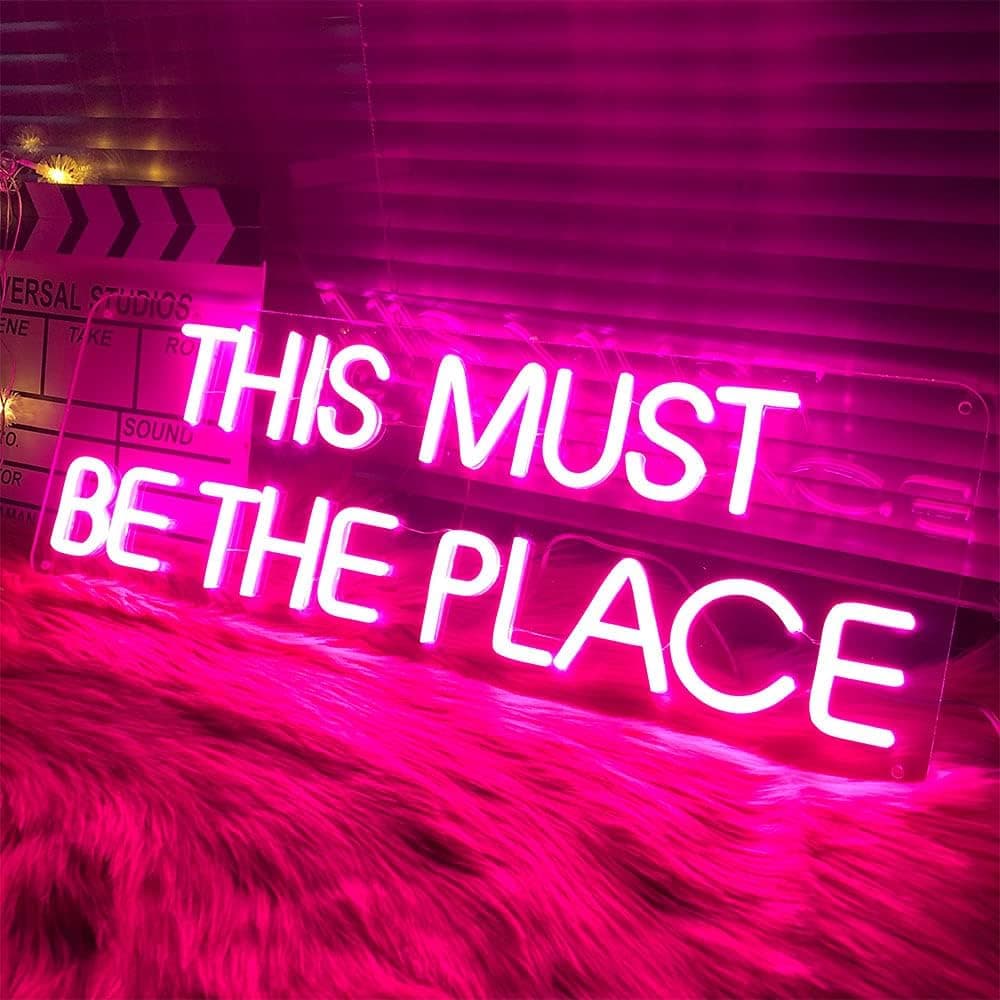This Must Be The Place Neon Signs for Bedroom Wall Decor LED Light Up Signs Girl Room Decor Large Pink Neon Light Sign Words Lights Beer Bar Club Windows Hotel Pub Cafe Wedding Birthday Party Decoration Gifts 24x8"