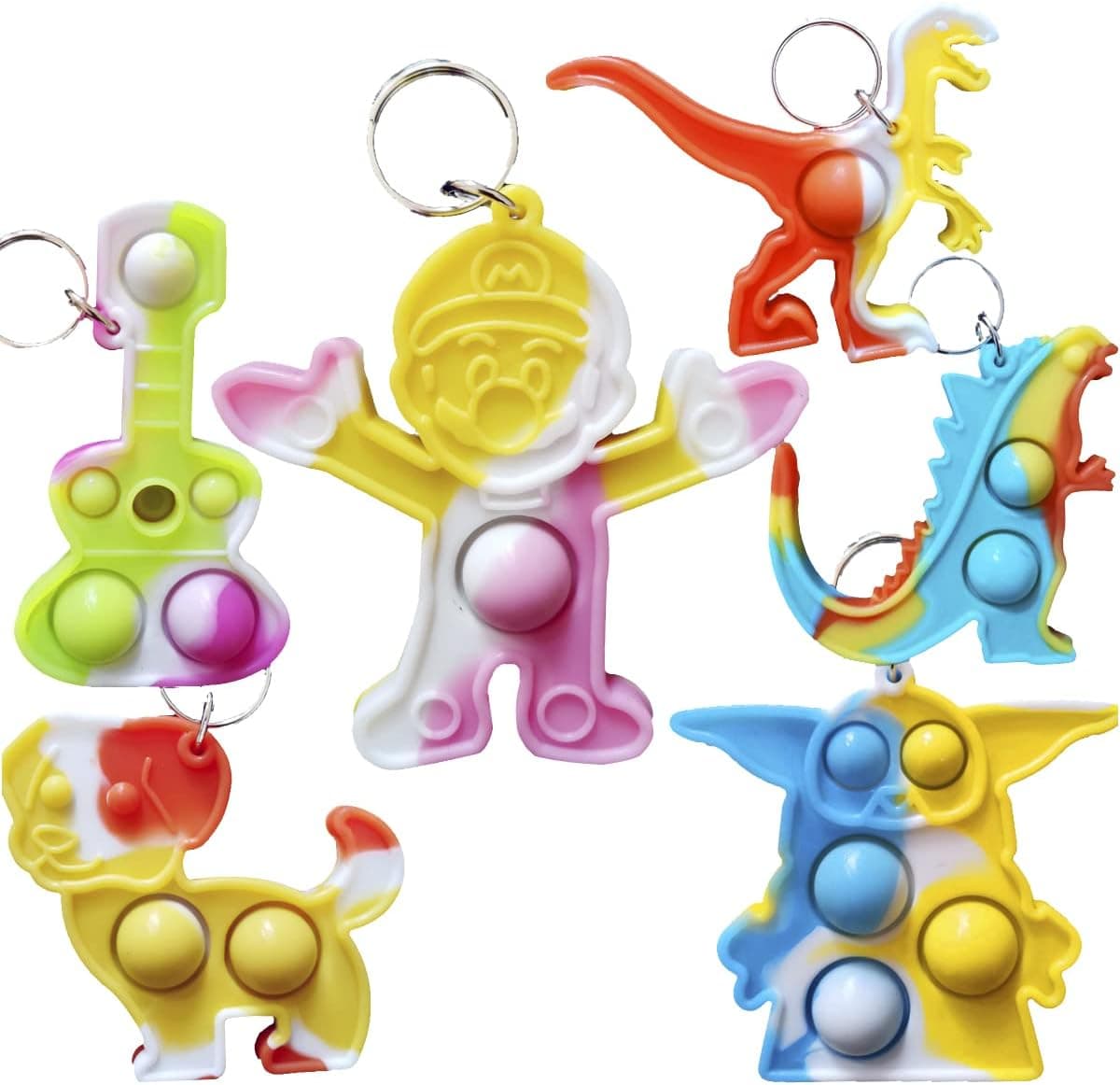 24 Packs Bulk Backpack Keychain Decor Mini Pop Fidget for Students Gift and Party Favors,Small Raptor Dog Dinosour Guitar Mario Space Baby Shape pop Toy