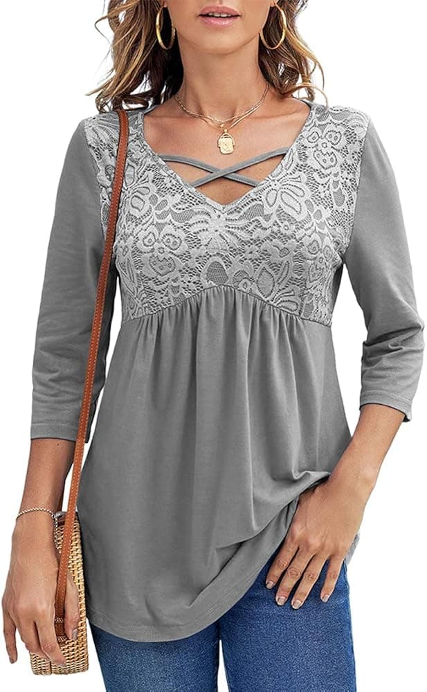 Women V Neck Tunic Shirt Cross Strap Lace Patchwork Peplum Tops 3/4 Sleeve Swing Tee