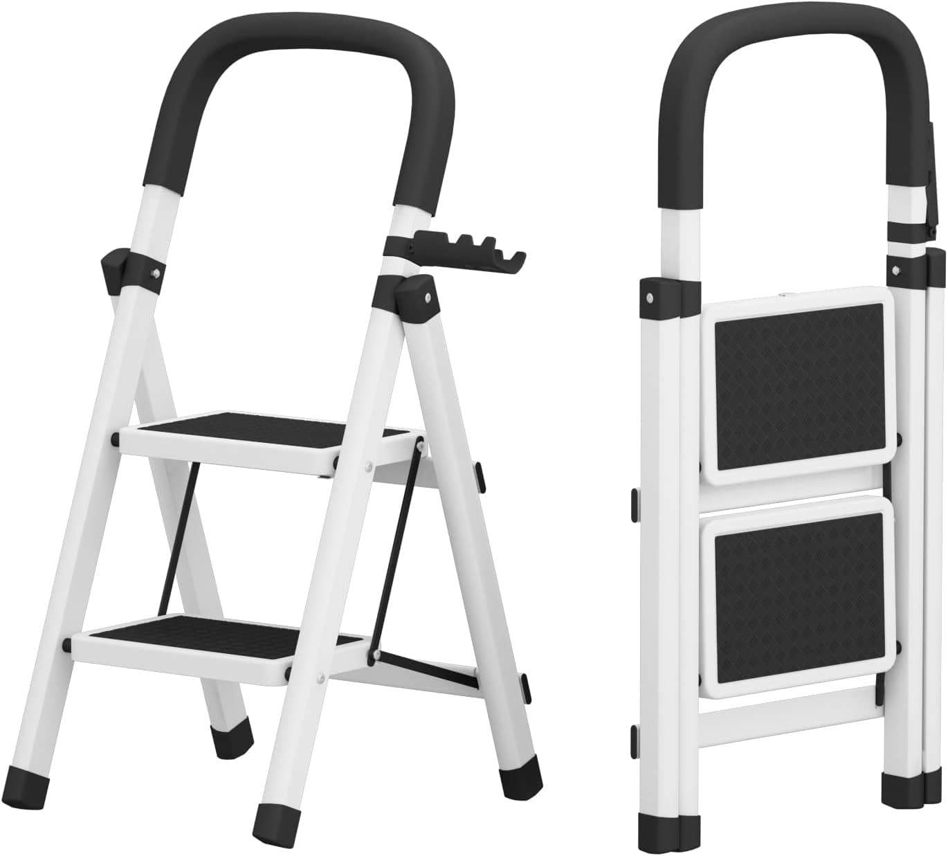 JOSICOPE 2 Step Ladder, Folding Step Stool with Wide Non-Slip Pedal and Comfort Handgrip for Household and Office, Lightweight 250lbs Capacity Step Ladder, White
