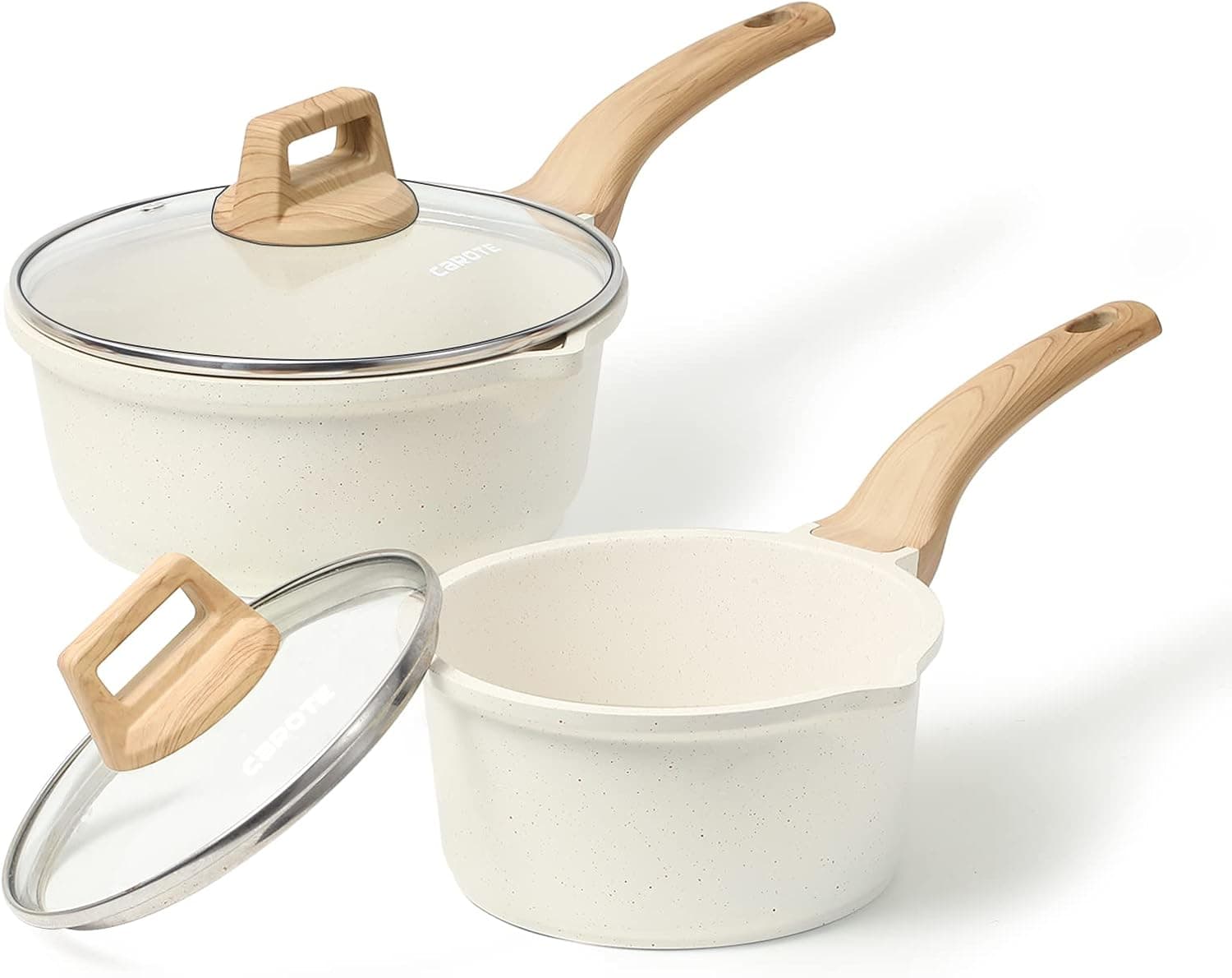 CAROTE 1.5Qt & 2.4Qt Saucepan Set with Lid 4 Pcs Nonstick Sauce Pot Cooking Pot with Pour Spout, PFOA FREE(White Granite)