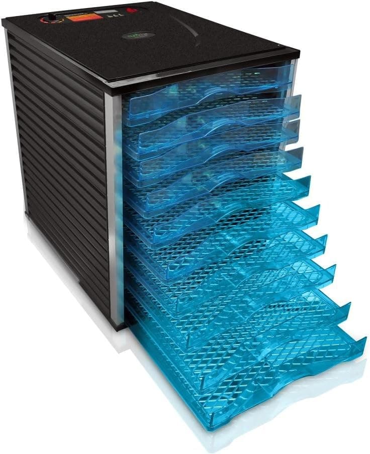 NutriChef Food Dehydrator Machine - Professional Electric Multi-Tier Food Preserver, Digital Timer, Meat or Beef Jerky Maker, Fruit & Vegetable Dryer with 10 Slide Out Trays & Glass Door - (PKFD25)