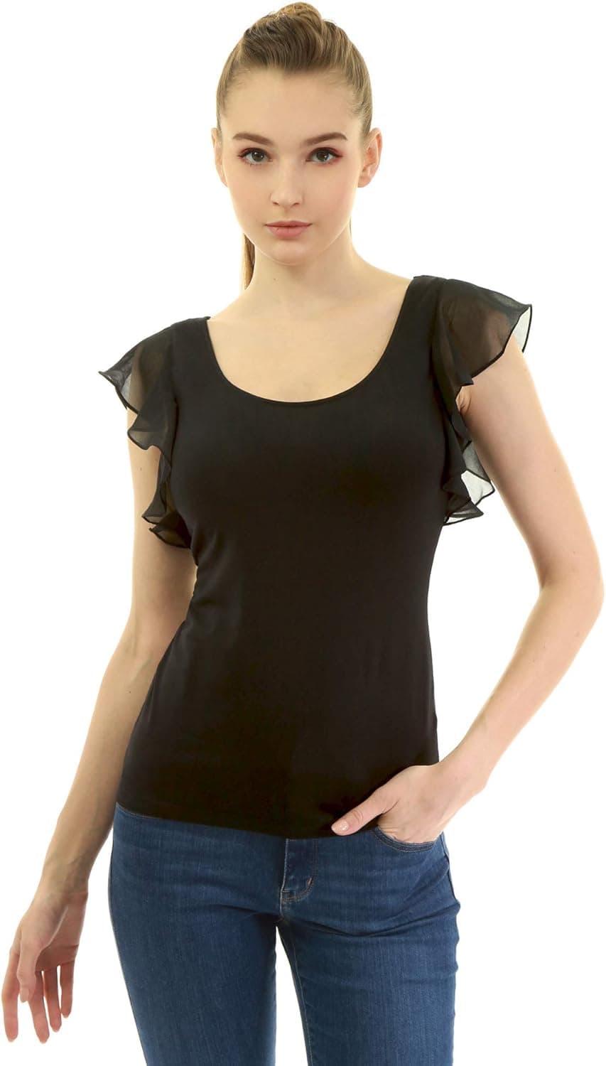 AmélieBoutik Women Scoop Neck Flutter Frill Ruffle Sleeveless Tank Top