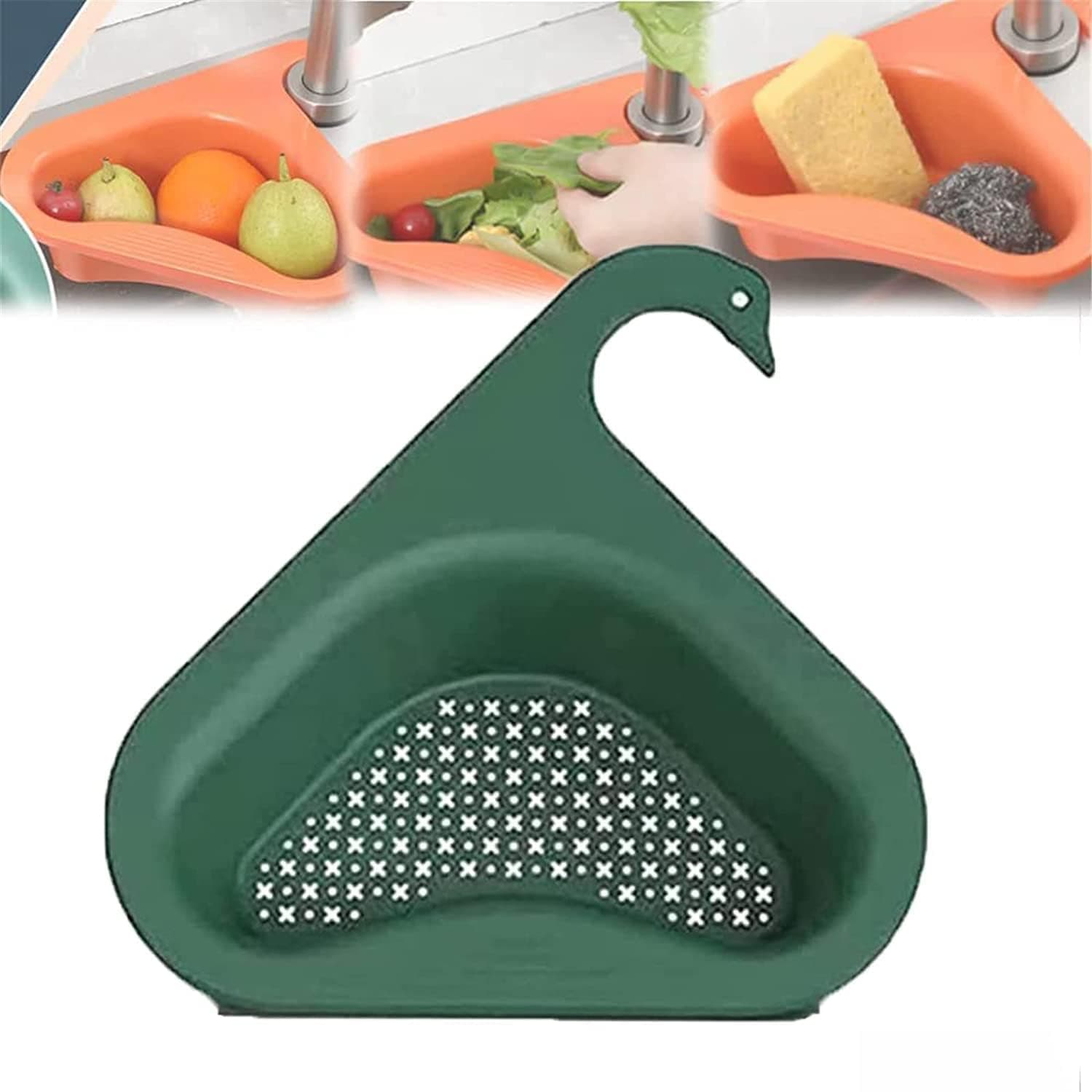 ALXYHMN 2 Piece Swan Drain Basket Sink, Multifunctional Hanging Filter Drain Rack, Kitchen Triangle Sink Filter Corner Kitchen Bathroom Food Strainer (green)