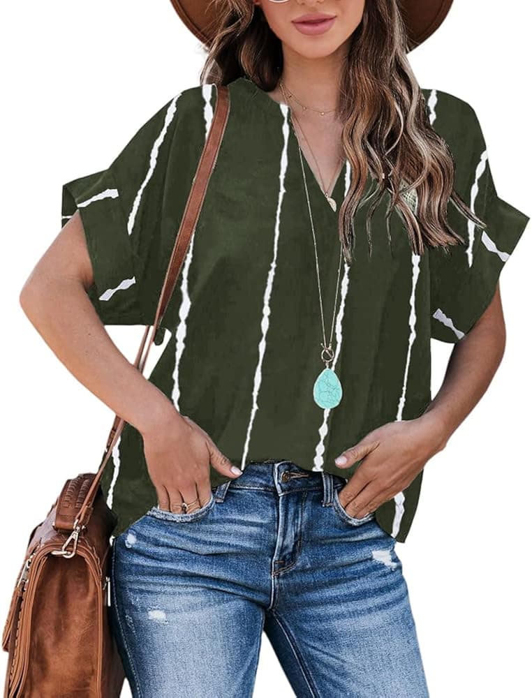 Womens V Neck Stripes Shirts Short Plaid Cuffed Sleeve Blouses Summer Loose Casual with Pockets