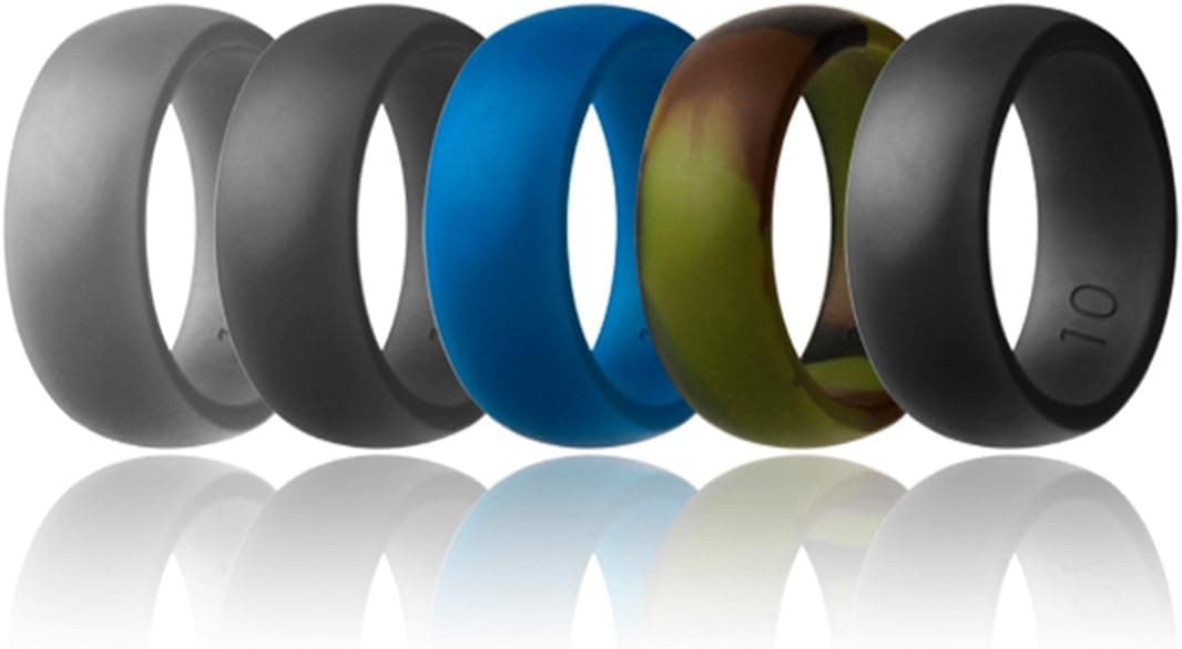 Silicone Wedding Ring,Silicone Wedding Band for Men,Camo,6 Pack, Metal Look Silver, Black, Grey, Blue