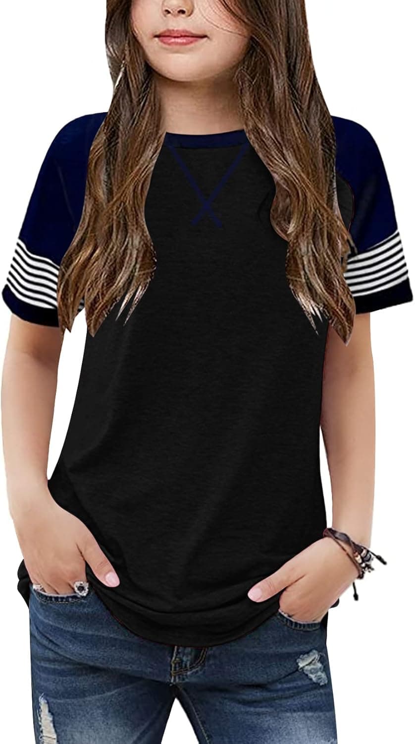 Hilltichu Girls Color Block Round Neck Tops Casual Short Sleeve Stripe Shirts