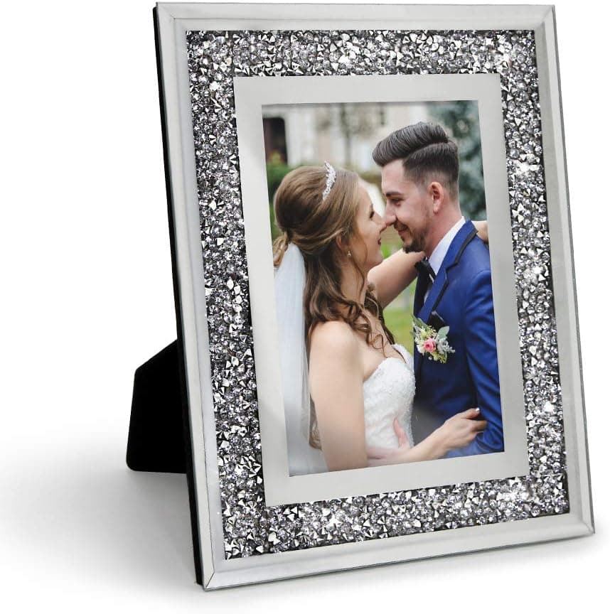 Afuly 4x6 Picture Frame Glitter Glass Crushed Diamond Sparkle Silver Grey Crystal, Gifts for Valentine Wedding Friends Family, Desktop Stand Display
