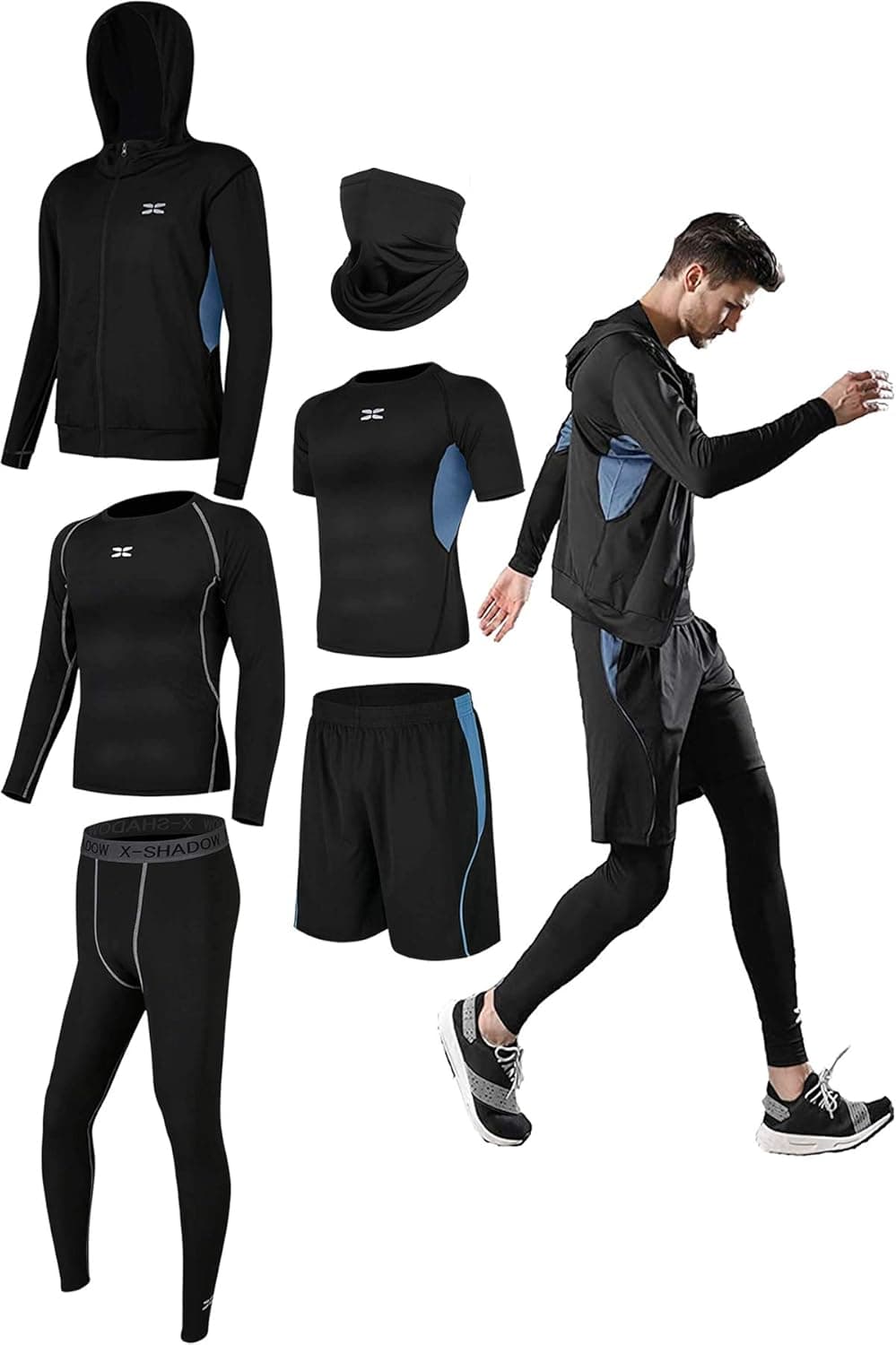 CLEMOR 6Pcs Men's Workout Clothes Compression Pants Shirt Top Long Sleeve Jacket Set Suit Face Cover Blue