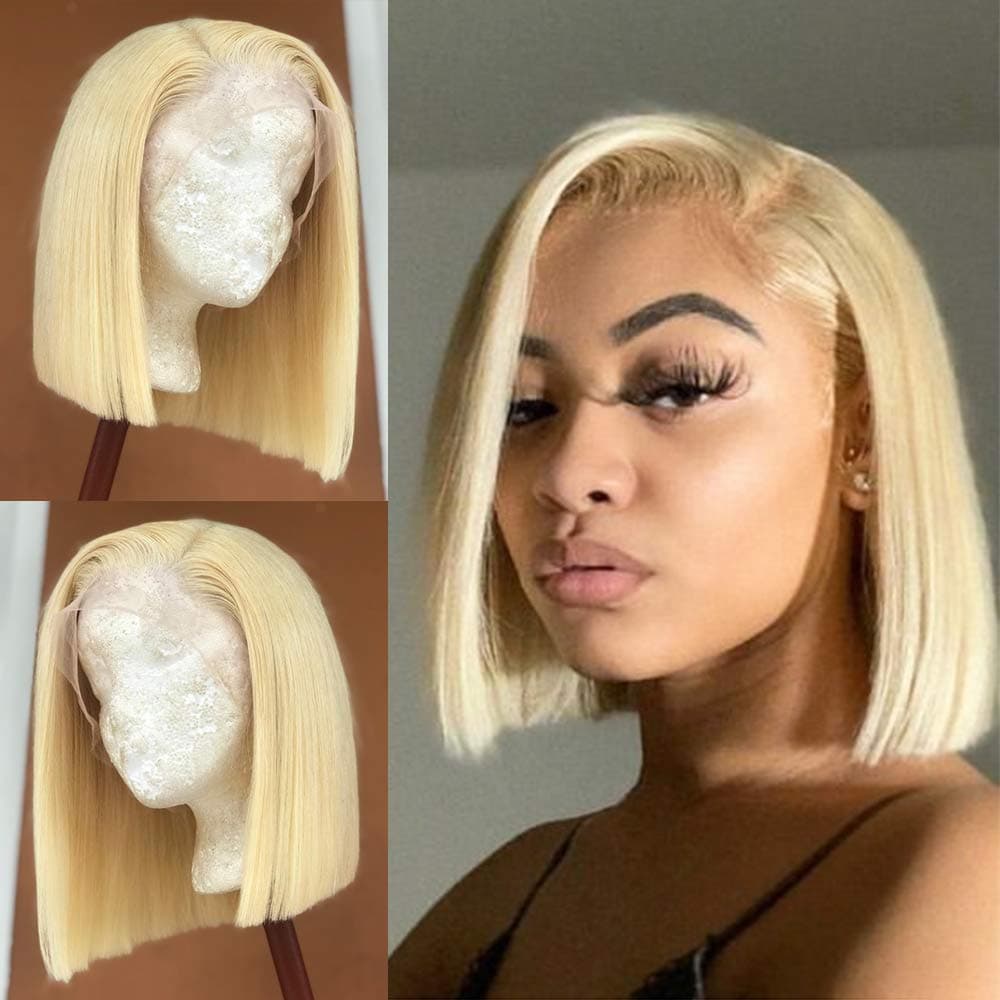 Lovigs Transparent Lace Front Wigs Human Hair with Baby Hair Natural Hairline Blonde Bob Wig Straight Hair Brazilian Virgin Human Hair 613 Bob Wigs for Black Women(8 Inch 613 color)