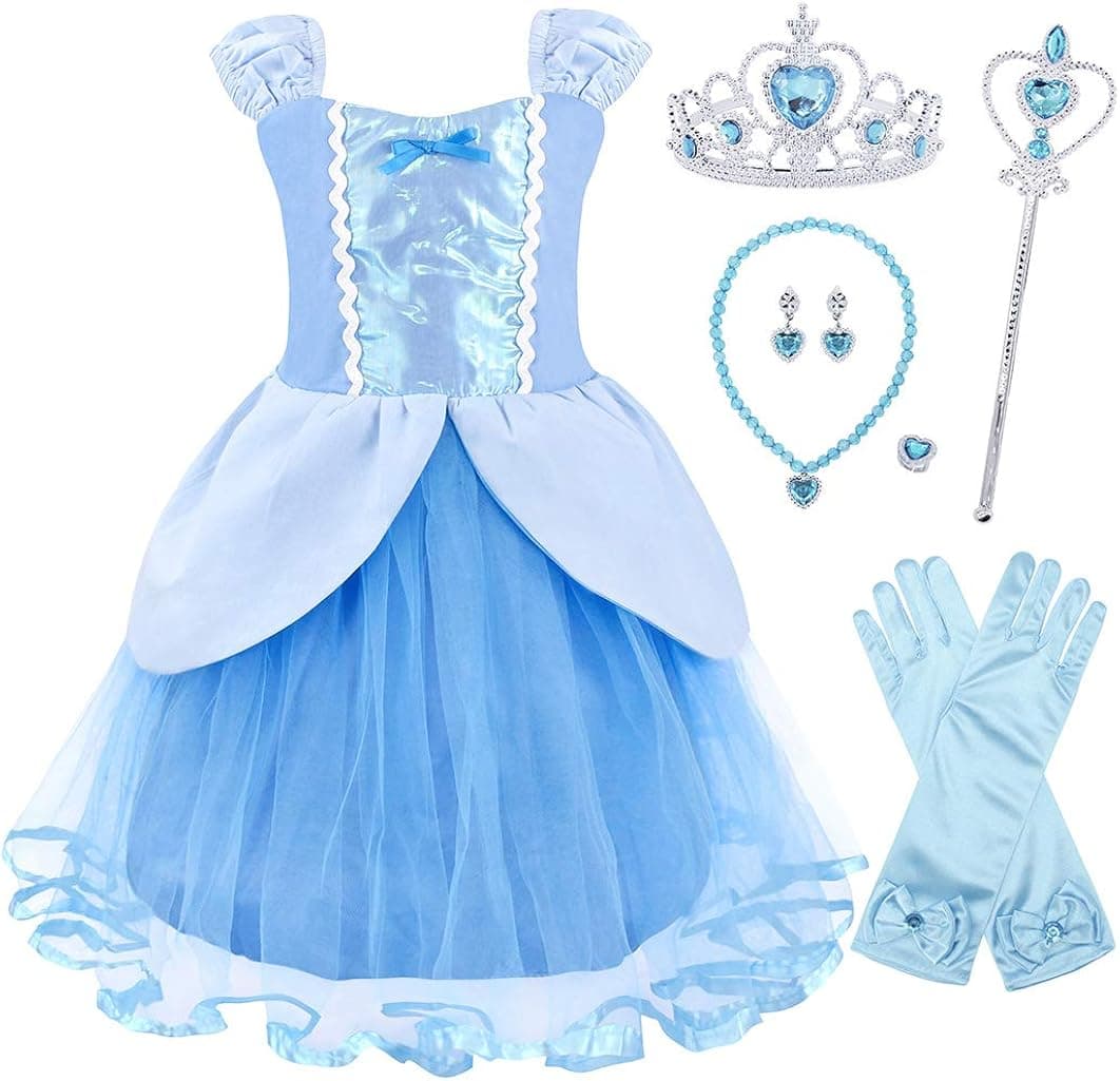HenzWorld Little Girls Costume Tutu Dress Birthday Party Cosplay Outfits Princess Role Play Jewelry Gloves Accessories Blue Toddler Kids 3T 2-3 Years