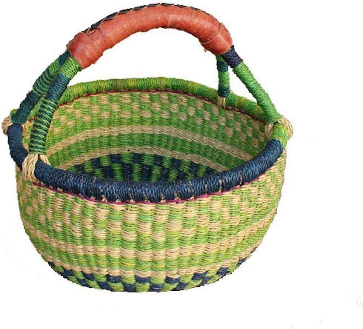 African Market Basket, Small Round Woven Straw Basket with Handle Fair Trade Storage Container