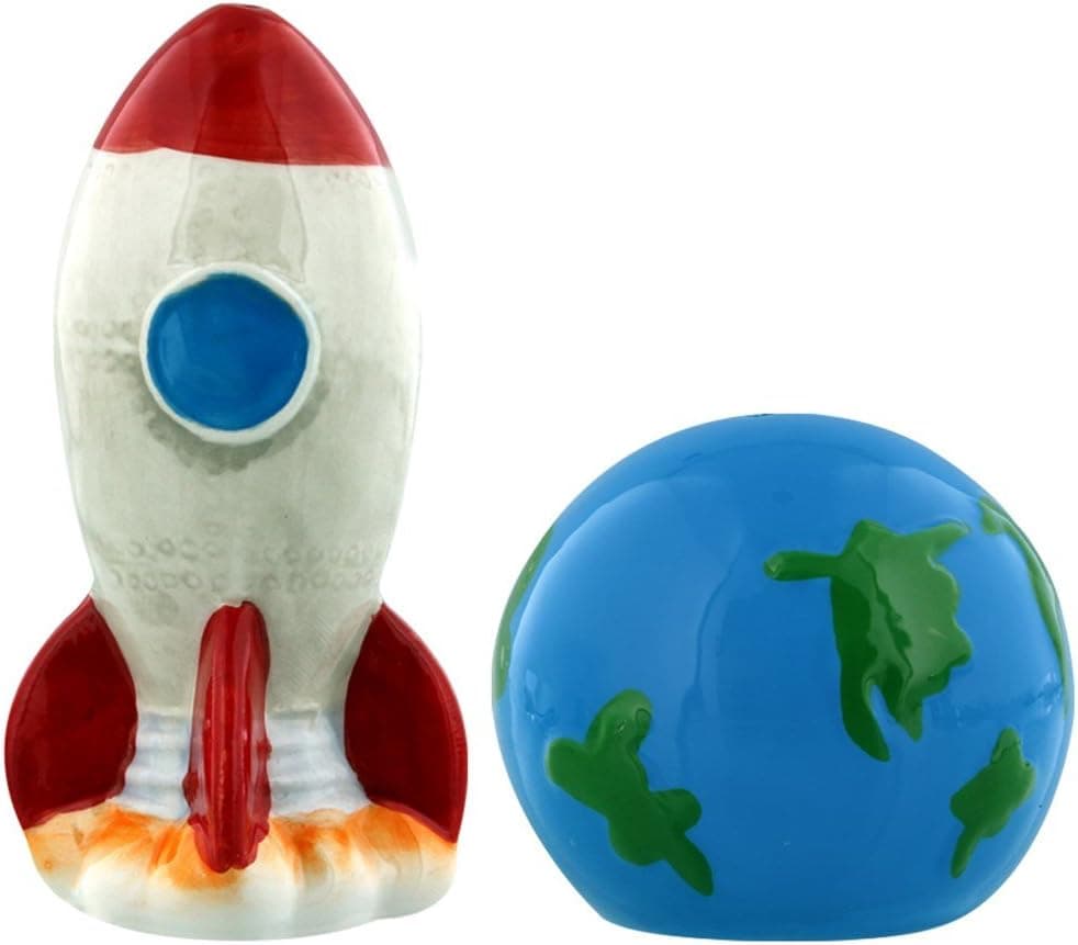Ceramic Space Rocket and Planet Earth Salt and Pepper