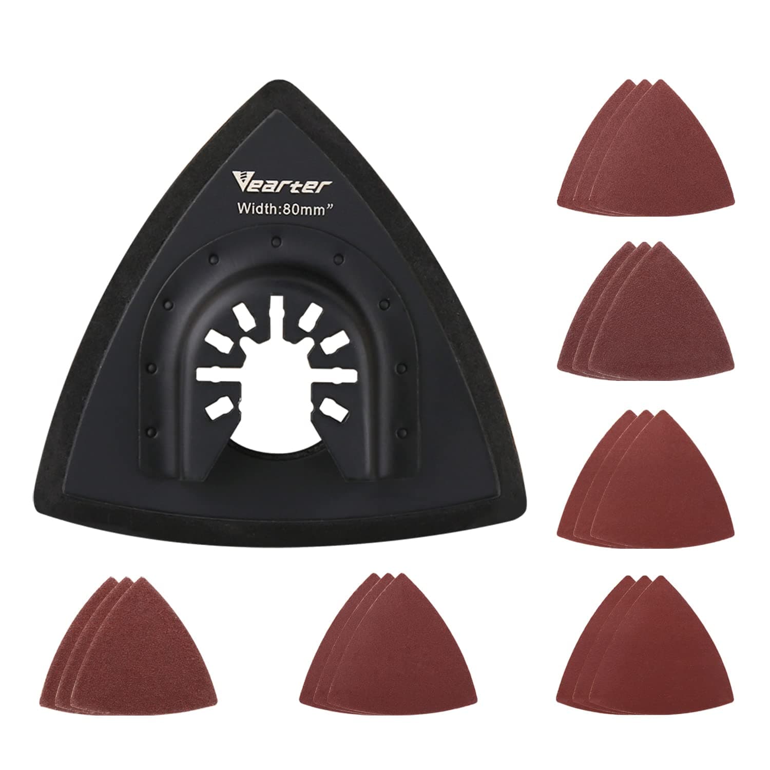 Vearter 19Pcs Triangular 80mm Oscillating Multi-Tool Sanding Pad with Hook and Loop Sandpaper Sheet for Burr Grinding and Rust Removal.