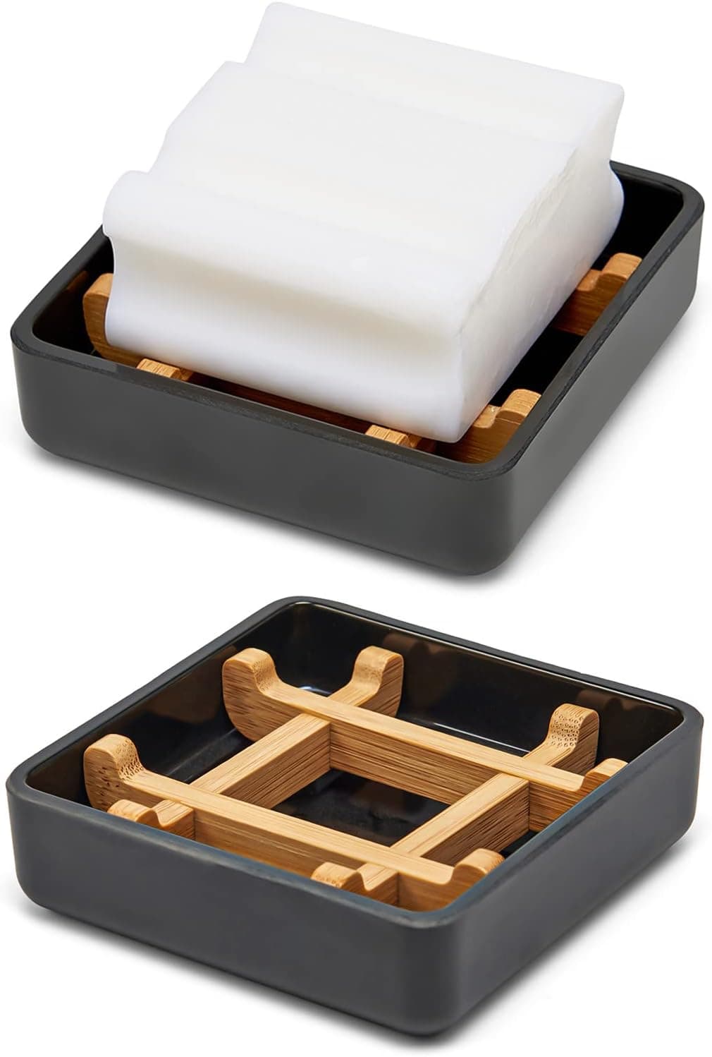 Wooden Bamboo Square Soap Dishes for Bar Soap Holder for Shower with Drain for Bathroom Small Soap Dish Detachable(Double Pack Right Angle Black)